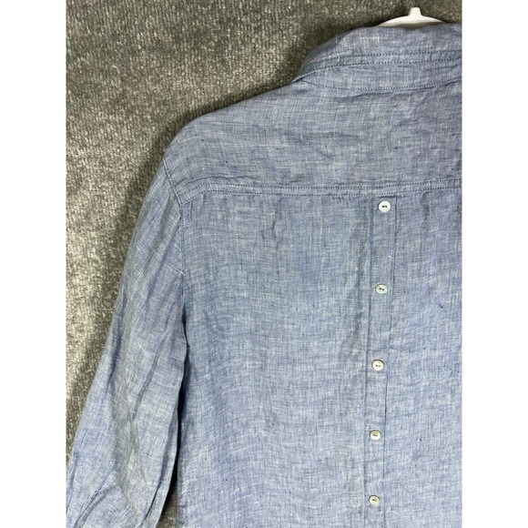 Sigrid Olsen Linen Button Up Shirt Womens Size Medium Blue Roll Tab Sleeve FLAW - Picture 11 of 16